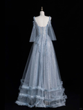 Shiny A Line Spaghetti Strap Blue Tulle Silver Sequin Long Evening Dresses Party Dresses HZ1023