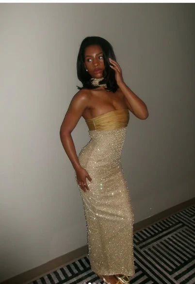 Shiny Sheath Strapless Long Yellow Sequin Satin Party Dresses Prom Dresses HZ1023