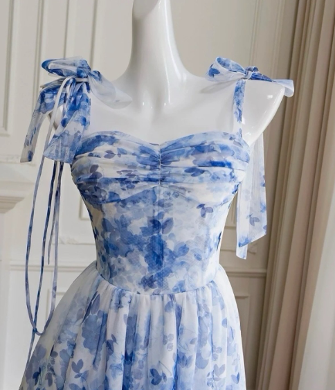 Blue Flower A Line Straps Chiffon Long Prom Dress with Slit HZ1023