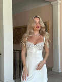 White A Line Straps Lace Satin Short Homecoming Dress Cocktail Dress HZ1023