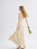 Apricot Mermaid Spaghetti Strap Ruffle Chiffon Long Prom Dress Party Dress HZ1023