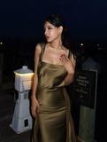 Sexy Olive Green Sheath Straps Satin Open Back Long Wedding Guest Dress Party Dress HZ1023
