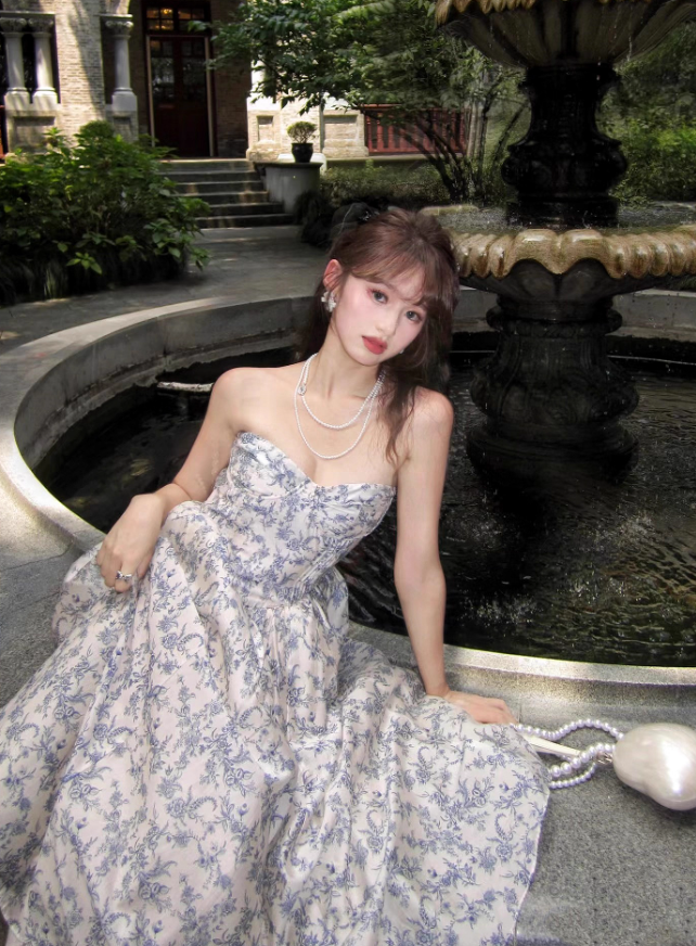 Blue A Line Sweetheart Neck Print Floral Satin Prom Dress 16th Birthday Dress HZ1023