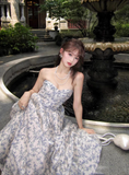 Blue A Line Sweetheart Neck Print Floral Satin Prom Dress 16th Birthday Dress HZ1023