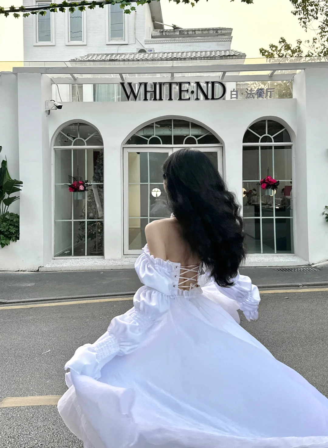Princess White A Line Long Sleeve Chiffon Satin Long Sweep Party Dress Evening Dress HZ1023
