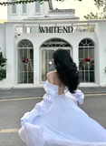 Princess White A Line Long Sleeve Chiffon Satin Long Sweep Party Dress Evening Dress HZ1023