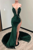 Black Girl Prom Dresses Long Mermaid Green Prom Gown With Train HZ1023