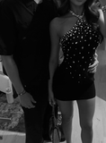 Sexy Sheath Halter Rhinestone Black Satin Short Homecoming Dress Cocktail Dress HZ1023