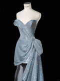 Shiny A Line Strapless Blue Sequin Short Long Sweep Party Dress Evening Dress HZ1023