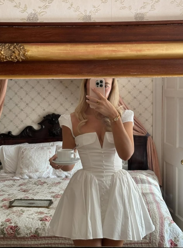Princess A Line V Neck White Satin Short Homecoming Dress Birthday Dress HZ1023