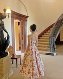 Princess A Line Spaghetti Strap Print Floral Satin Prom Dress 16th Birthday Dress HZ1023