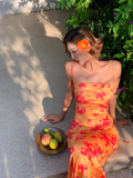 Sexy Sheath Spaghetti Straps Orange Print Floral Satin Long Prom Dress Outfits HZ1023