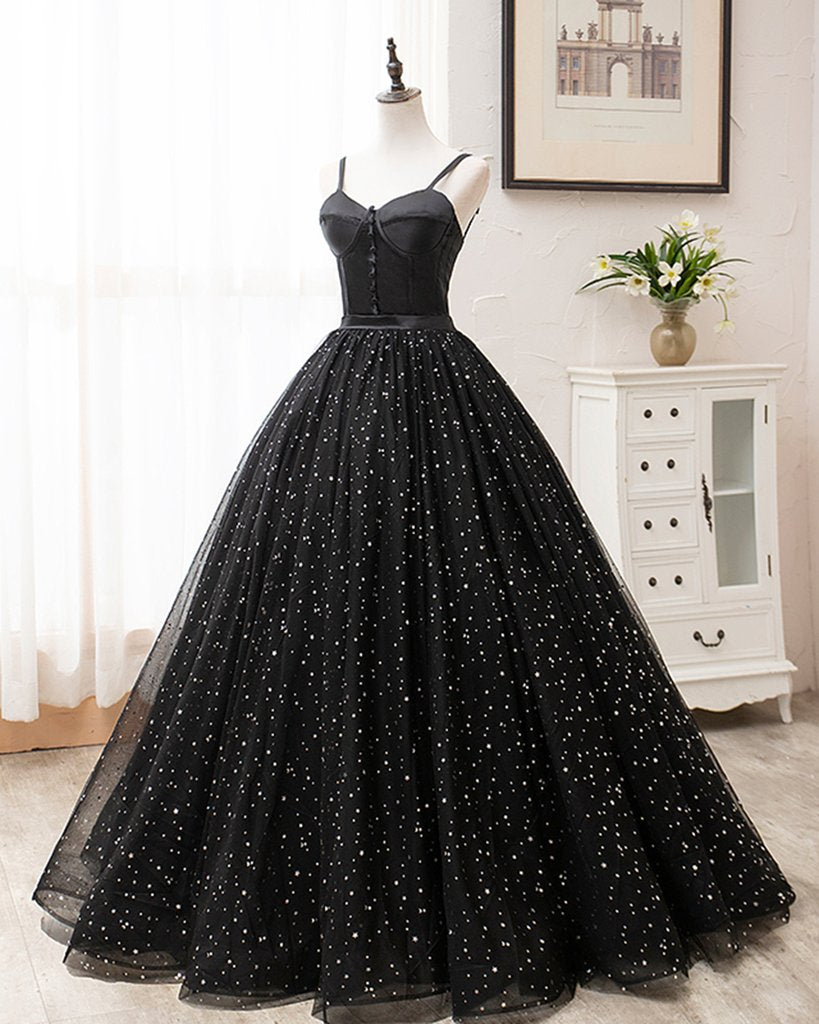 Black Tulle Satin Sweetheart Neck Long Prom Dress, Evening Dress HZ1023