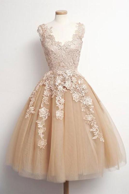 Champagne tulle lace short prom dress, cute homecoming dress HZ1023