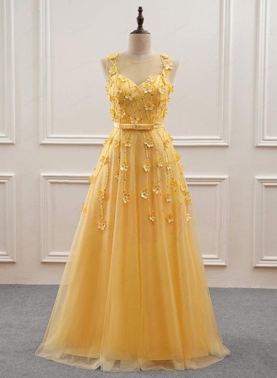 Yellow Flowers Tulle Long New Prom Dress, A-line Party Dress HZ1023