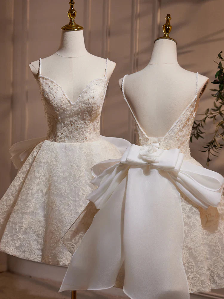 A Line V Neck Lace Bow Tulle Short Prom Dress Homecoming Dress HZ1023