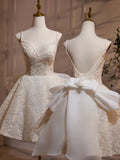 A Line V Neck Lace Bow Tulle Short Prom Dress Homecoming Dress HZ1023