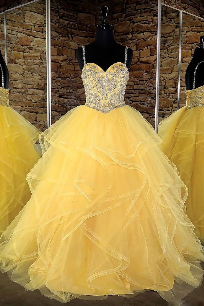 Yellow sweetheart tulle sequin long prom dress, yellow evening dress HZ1023