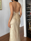 Simple Sheath Spaghetti Strap Satin Open Back Evening Dress Party Dress HZ1023