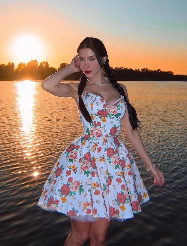 Princess A Line Spaghetti Strap Print Floral Satin Short Homecoming Dress 16th Birthday Dress HZ1023
