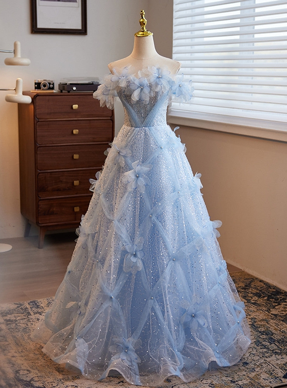 Blue A Line Sequins Off the Shoulder 3D Flower Tulle Prom Dress Evening Dress HZ1023