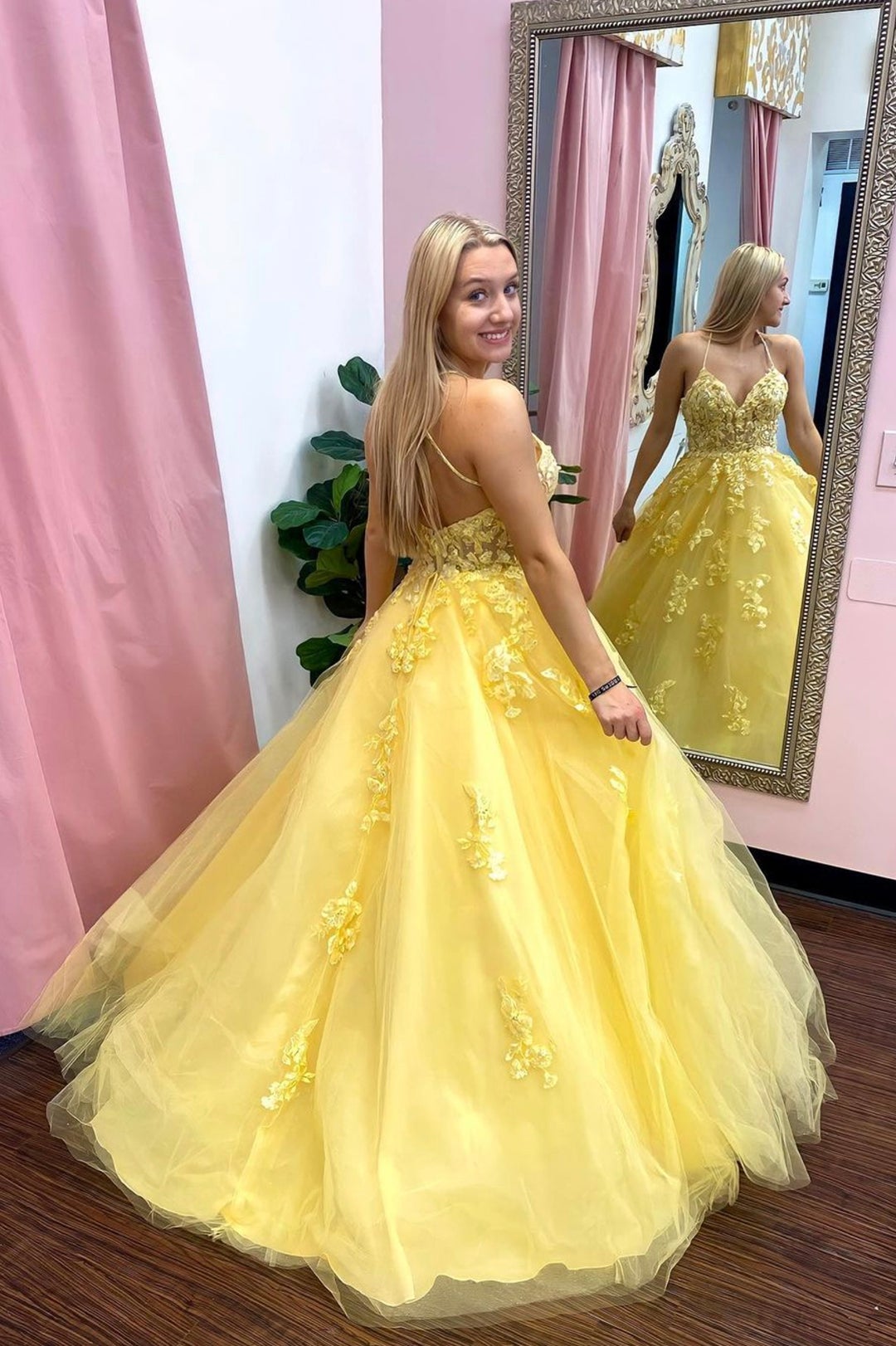 Yellow tulle lace long prom dress A line evening dress HZ1023