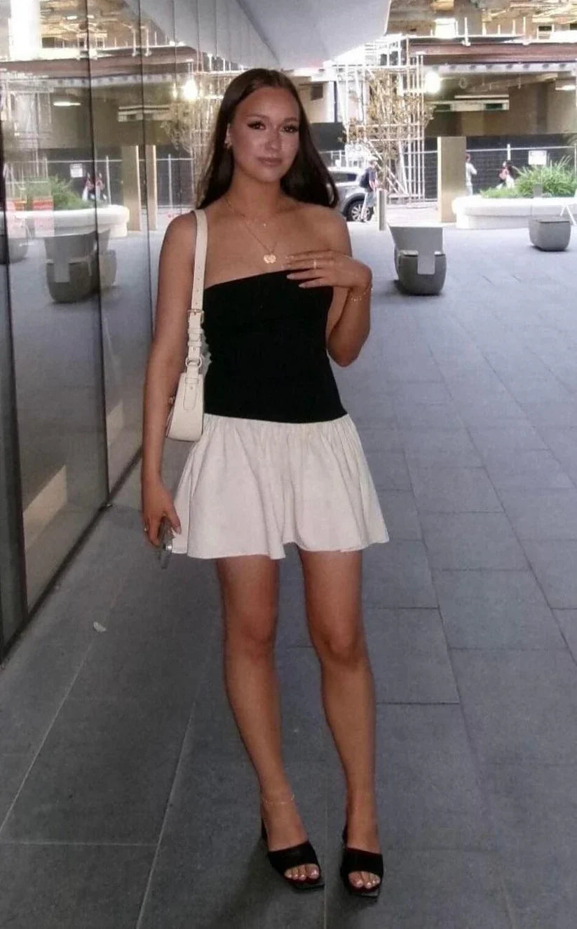 Cute A Line Strapless Black White Satin Short Homecoming Dress Outfits HZ1023