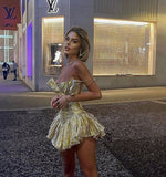 Stunning A Line Spaghetti Strap Gold Satin Short Homecoming Dress Cocktail Dress HZ1023