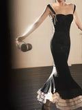 Sexy Black Mermaid Strap Satin Long Prom Dress Sweet Formal Party Dress HZ1023