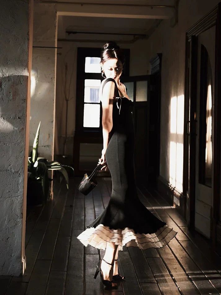 Sexy Black Mermaid Strap Satin Long Prom Dress Sweet Formal Party Dress HZ1023