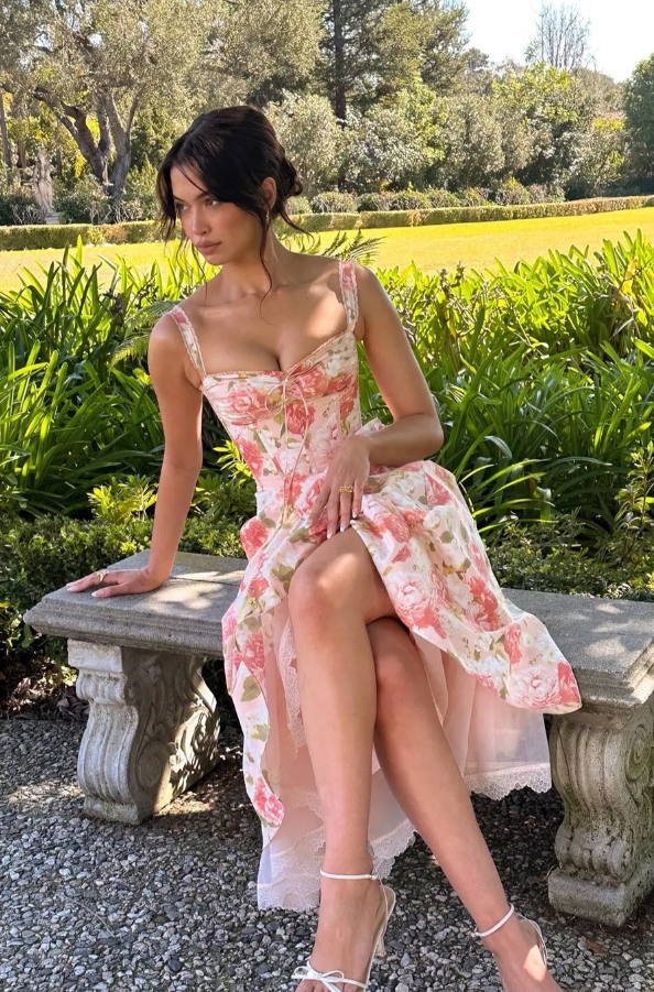Sweet A Line Straps Corset Print Floral Satin Long Prom Dress Outfits HZ1023