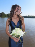 Navy Blue Mermaid Spaghetti Strap Layered Satin Prom Dress Party Dress Date Dress HZ1023