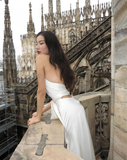 White A Line Halter Satin Open Back Long Wedding Guest Dress Party Dress with Slit HZ1023