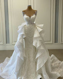 Luxurious Mermaid Wedding Dresses Bridal Gowns With Detachable Train Sheer Jewel Neck Lace Appliques HZ1023