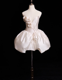 Cute A Line V Neck 3D Floral White Satin Short Homecoming Dress Birthday Dress HZ1023