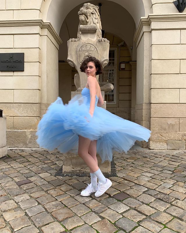 Baby Blue A Line Strapless Tulle Prom Dress Wedding Guest Dress Birthday Dress HZ1023