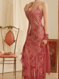 Retro Dreamy Mermaid Pink Print Floral Ruffle Chiffon Long Party Dress Evening Dress Date Dress HZ1023