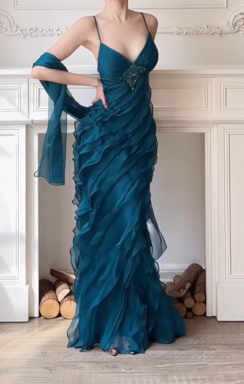 Peacock Blue Vintage Mermaid Spaghetti Strap Beaded Layered Chiffon Party Dress Prom Dress HZ1023