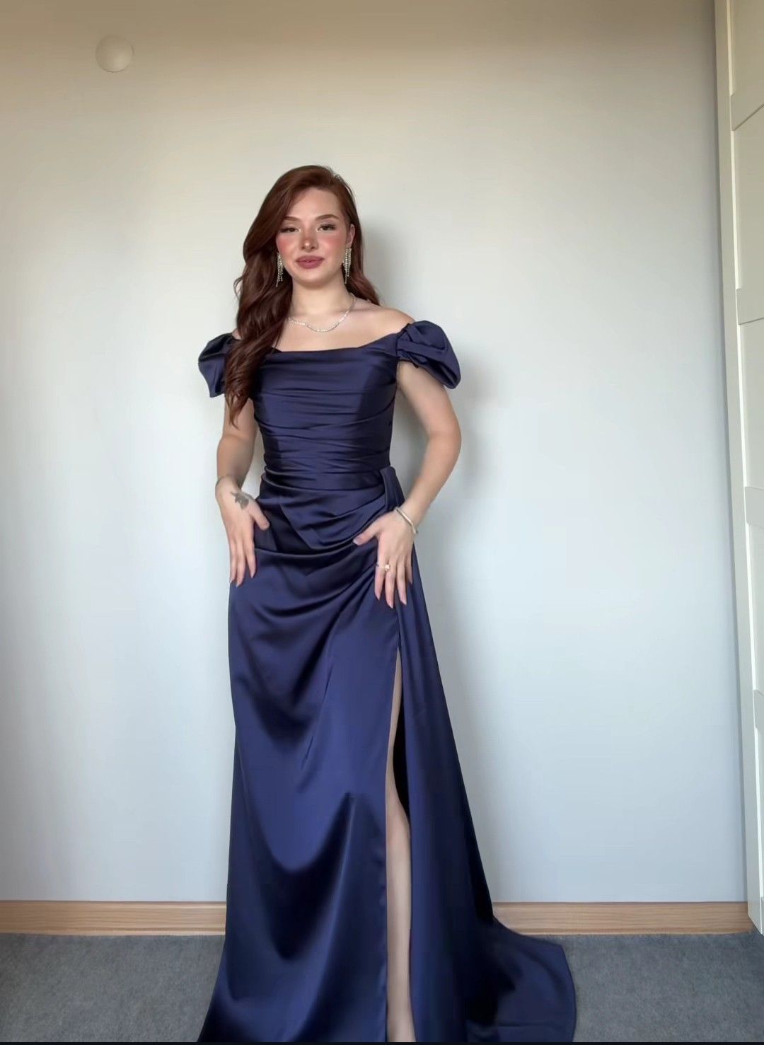 Navy Blue A Line Off the Shoulder Pleated Satin Prom Dress Party Dress Date Dress with Slit HZ1023