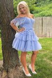 Off The Shoulder Pleated Tiered Tulle Party Dress,Pretty Homecoming Dress HZ1023