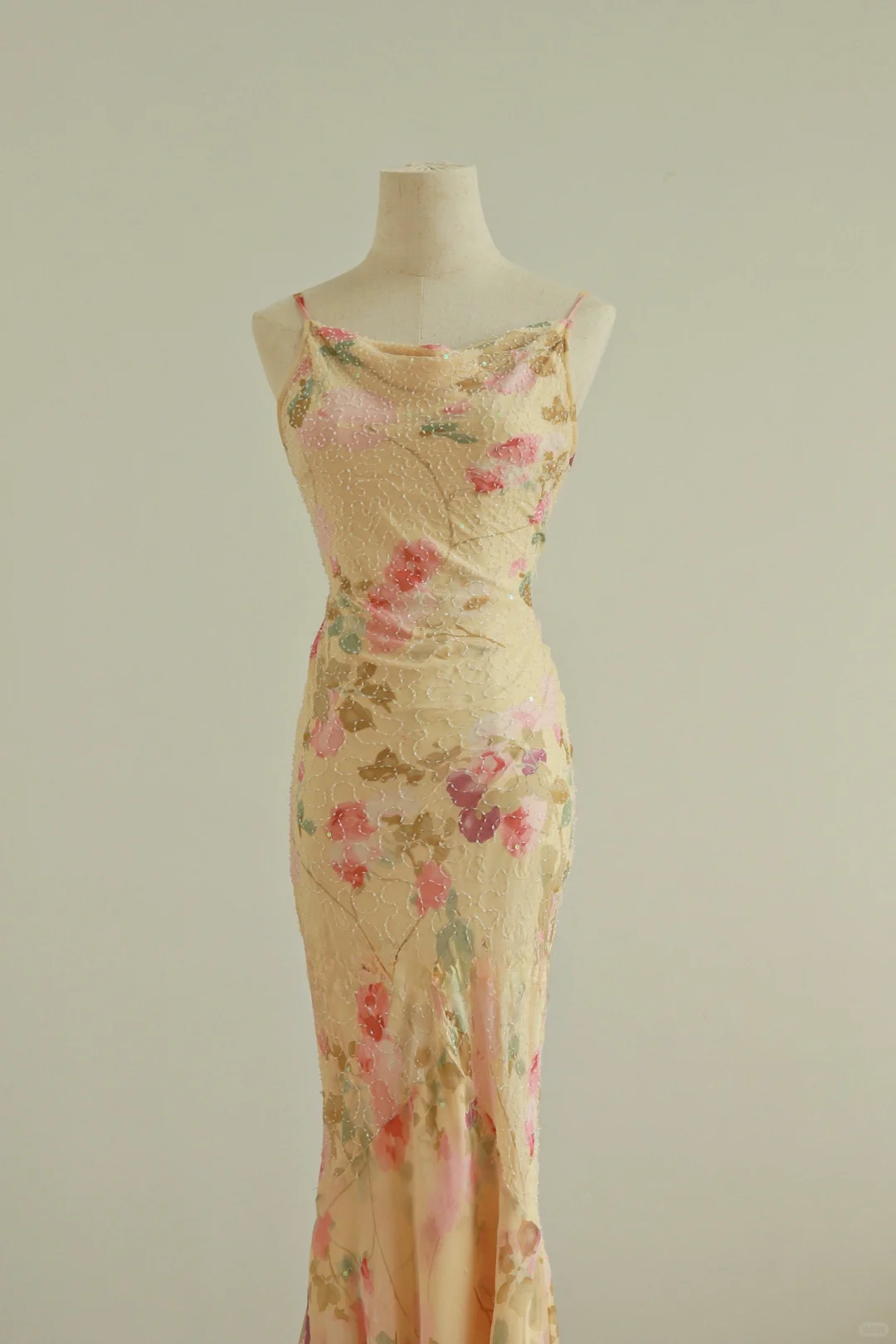 Retro Print Floral Mermaid Spaghetti Strap Beaded Chiffon Prom Dress Evening Dress HZ1023