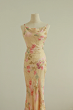Retro Print Floral Mermaid Spaghetti Strap Beaded Chiffon Prom Dress Evening Dress HZ1023