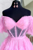 Pink Off-the-Shoulder Ruffles Puff Sleeves Homecoming Dress,Party Dress HZ1023