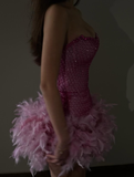 Sexy Pink Strapless Beaded Tulle Feather Short Prom Dress HZ1023