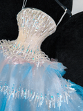 Blue Ombre A Line Strapless Silver Sequin Tulle Long Prom Dress Party Dress HZ1023