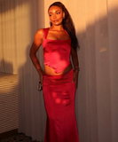 Two Piece Sheath Spaghetti Strap Burgundy Satin Party Dress Evening Dress HZ1023