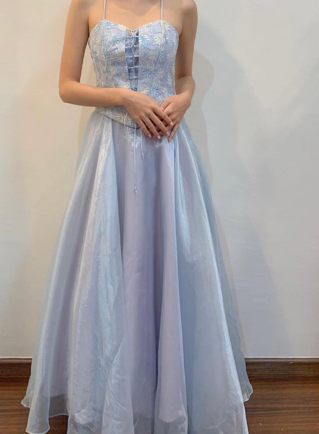 Blue A Line Spaghetti Strap Embroidered Tulle Satin Prom Dress Evening Dress HZ1023