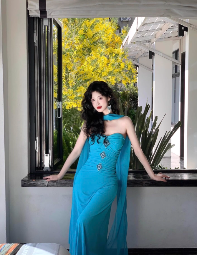 Blue Mermaid Strapless Beaded Chiffon Prom Dress Vacation Dress HZ1023