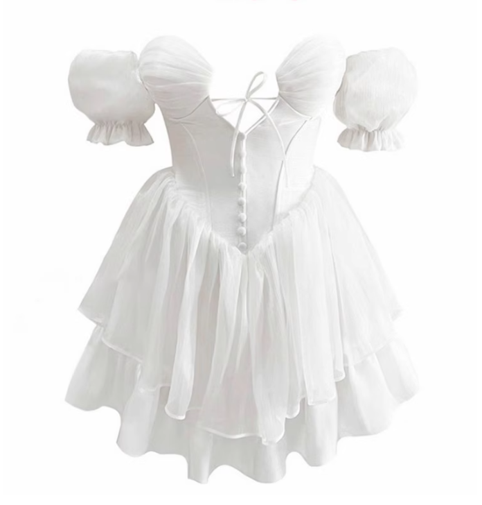 Classy White A Line Puff Layered Chiffon Short Homecoming Dress Vacation Dress HZ1023