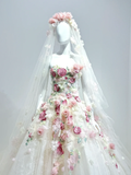 Romantic Pink Floral A Line Sweetheart Neck Tulle Long Prom Dress Gown Dress HZ1023